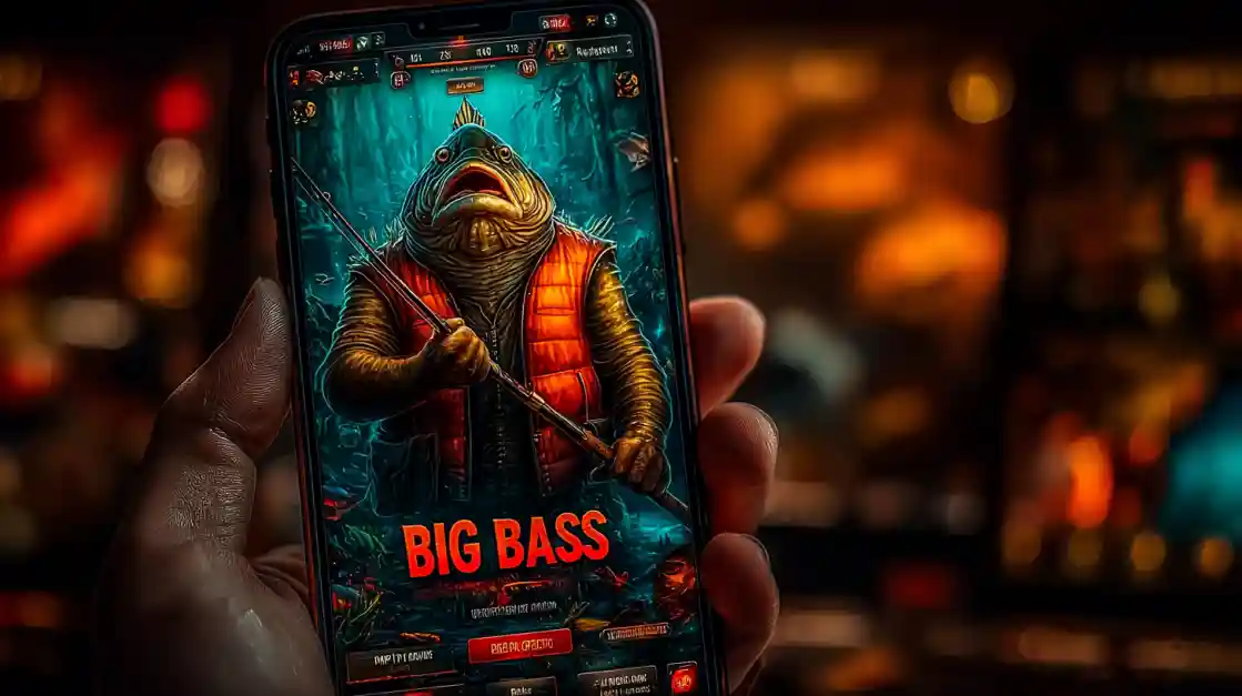 A close-up of a hand holding a smartphone showcasing a BIG BASS fishing game, featuring an anthropomorphic fish character, highlighting the engaging casual games on ck99.