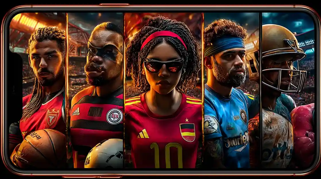 A smartphone screen displays a powerful collage of diverse male and female athletes from various sports, including football and soccer, representing the comprehensive sports betting options at ck99.