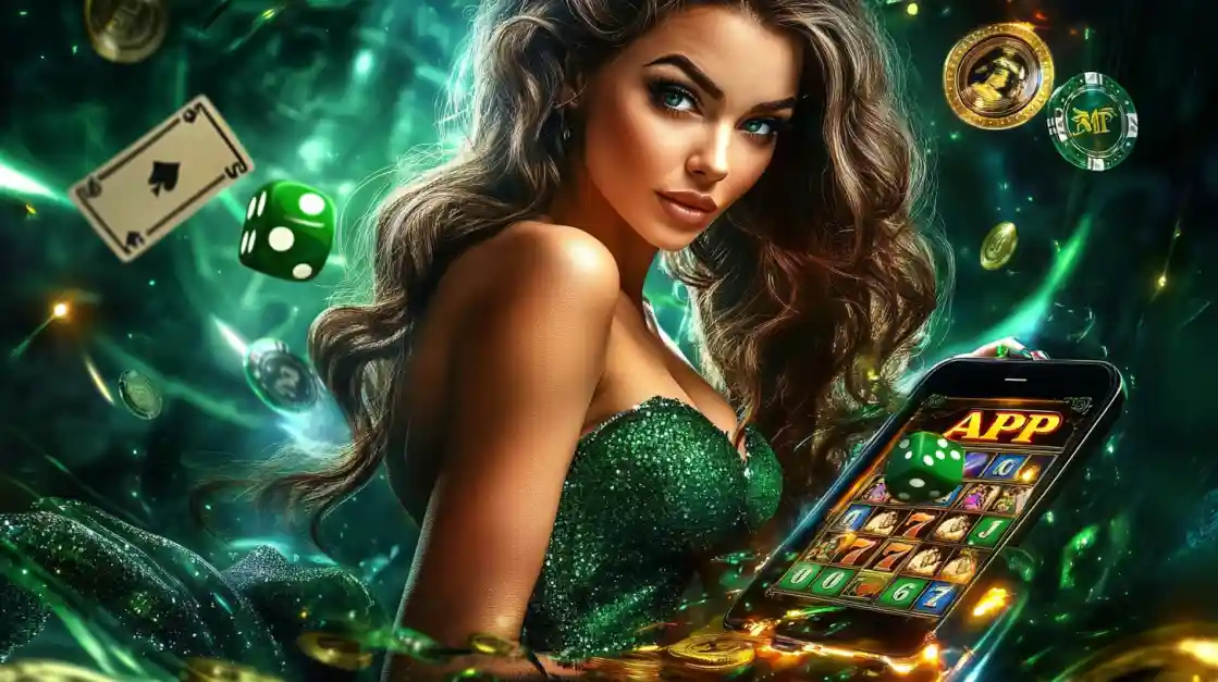 An enchanting woman with flowing hair, adorned in green, gazes captivatingly, surrounded by floating cards, dice, and coins, alongside a smartphone featuring the ck99 gaming app.