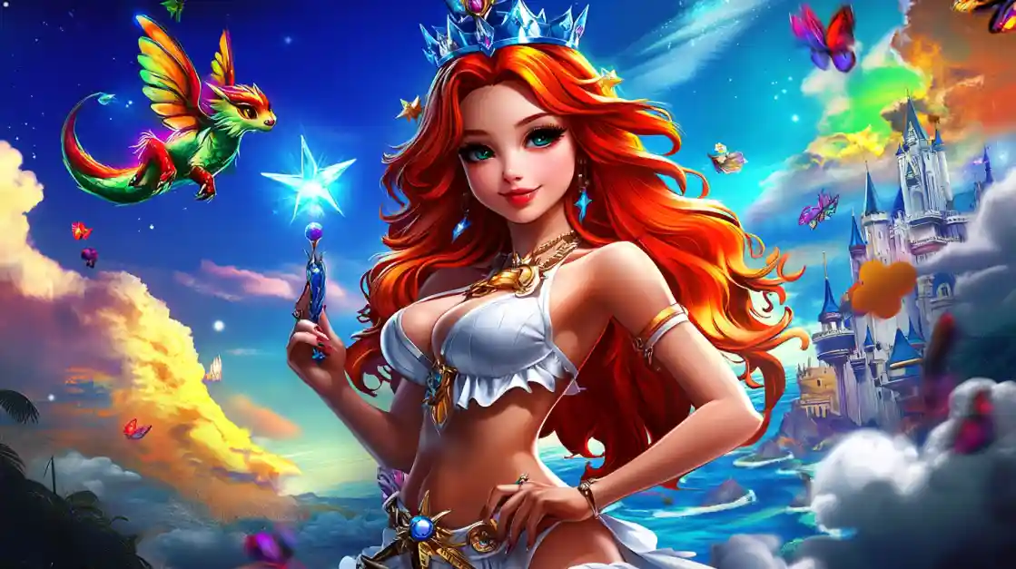 A vibrant fantasy scene featuring a beautiful princess with fiery red hair and a crown, holding a magic wand, with a small winged dragon and a fairytale castle in the background, embodying the magical world of ck99.