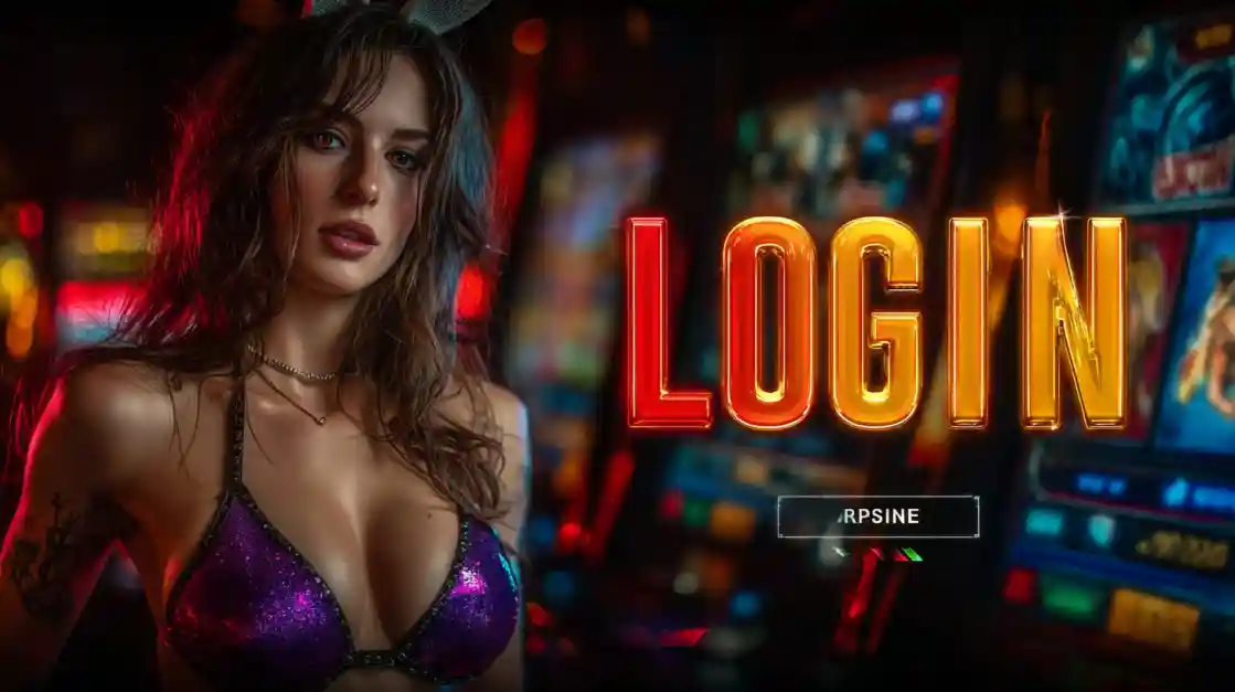 A captivating woman in a shimmering top stands beside a prominent LOGIN interface, with ck99 slot machines softly blurred in the background, inviting users to enter the world of ck99.