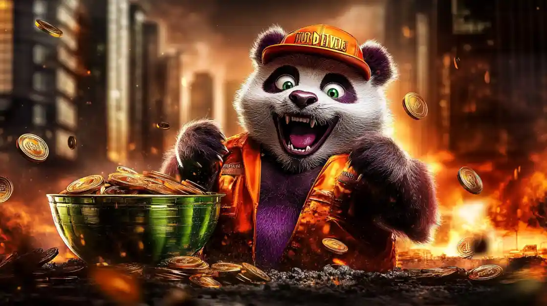 A cheerful panda character wearing an orange cap and jacket, surrounded by golden coins and a bowl of money, symbolizing wealth and good fortune with ck99.