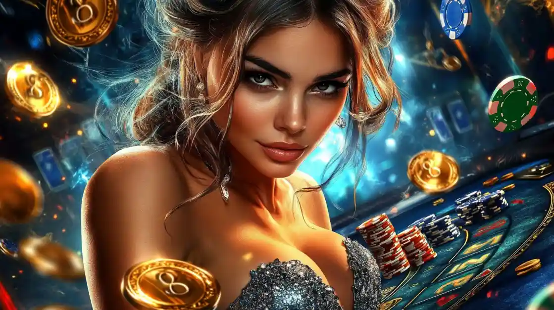 A beautiful woman in a glittering dress gives a captivating look while at a ck99 casino table, surrounded by floating gold coins, casino chips, and a roulette wheel.