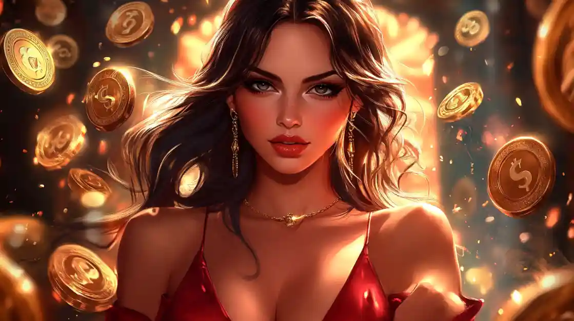 A stunning woman in a red dress, adorned with delicate jewelry, looks directly at the viewer as a shower of golden ck99 coins rains down around her, symbolizing big wins.