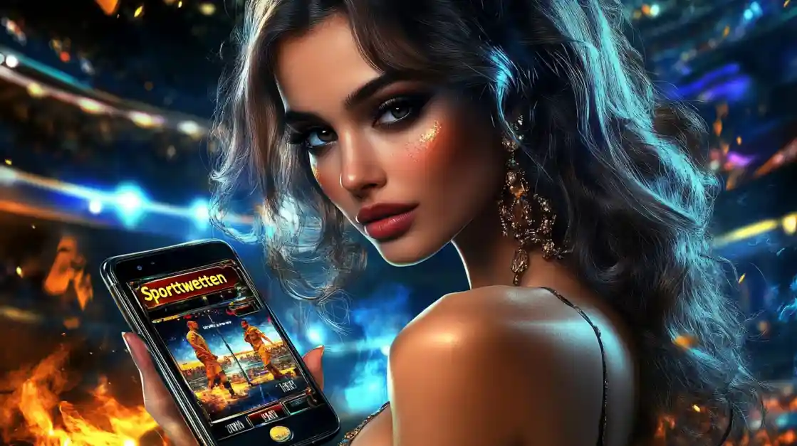 A glamorous woman with elegant makeup looks over her shoulder, holding a smartphone displaying the ck99 sports betting app against a vibrant stadium backdrop with fire effects.